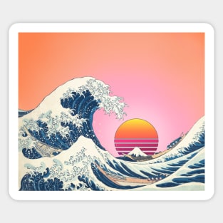 Retro Great Wave off Kanagawa with vintage rising sun and pastel sky Sticker